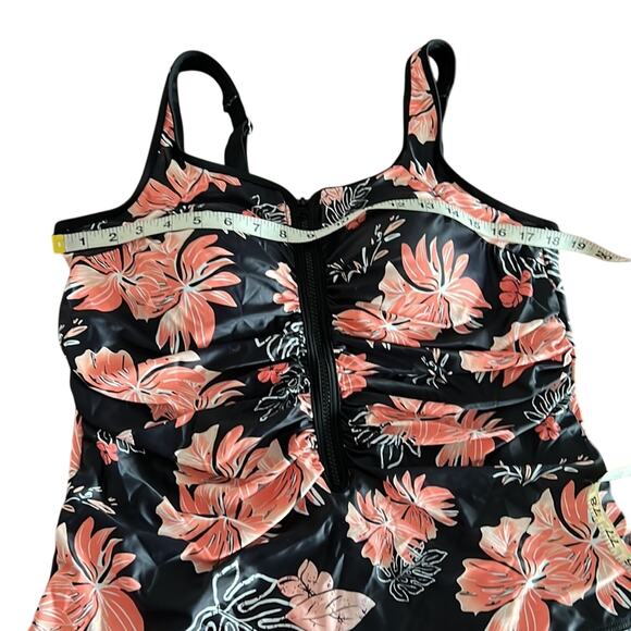Daci Black and Coral Floral Print One Piece Swimsuit with Front Zipper Woman 18W - Picture 6 of 10